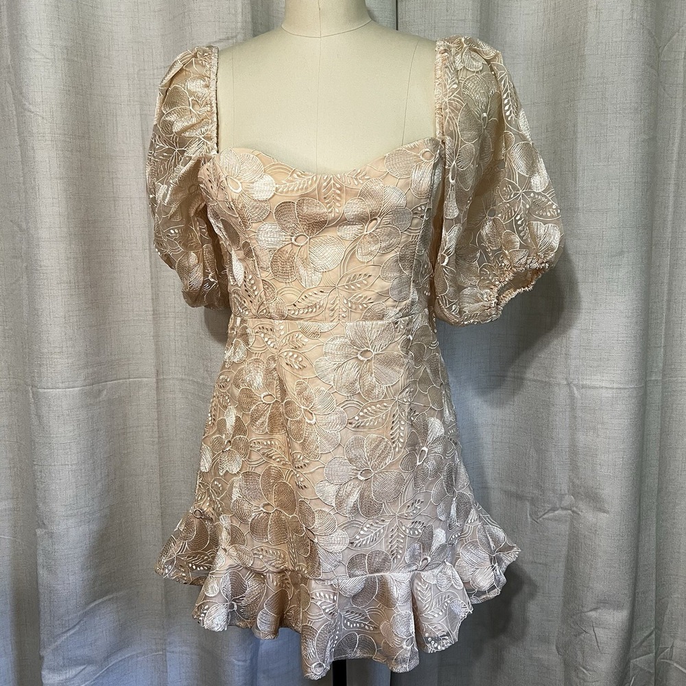 NEW! Sage + Paige Clarissa Lace Mini Dress Champagne Size XL Puff Sleeves Party